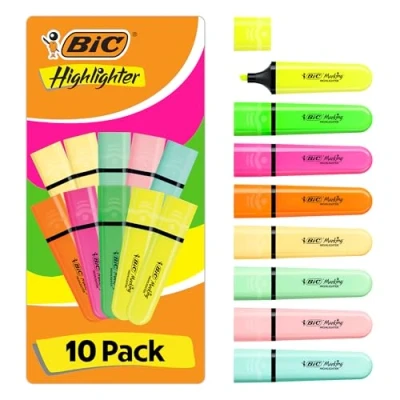 Image of BIC Marking Flat Highlighter Pens with Modular Chiselled Nib (1.2 mm 4.6 mm) Assorted Neon and Pastel Colours, Pack of 10