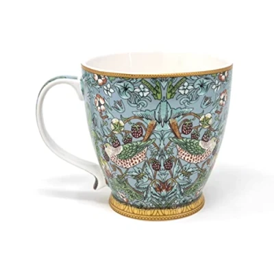 Image of Lesser &amp; Pavey Teal Strawberry Thief Mug for Coffee and Tea Stylish Fine China Ceramic with Large Handle Ideal Birthday Gift Women Men Lovers