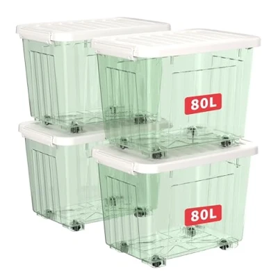 Image of Cetomo 80L*4 Storage Boxes with Wheels, Plastic Box Lid, Latching Buckles, Click Closure, Stackable, Nesting, Durable Organizer for Home Office Clothes, Clear Green, 80L 4 Pack