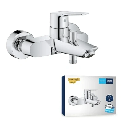 Image of GROHE QUICKFIX Start Wall Mounted Single Lever Bath Shower Mixer (Metal Lever, 35 mm Ceramic Cartridge, Automatic Diverter: Bath/Shower, Integrated Non Return Valve, Quick Spanner), Chrome, 24206002
