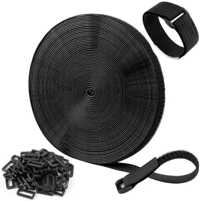 Image of 2cm x10m Adjustable Cable Straps with 60 Buckles, Free Cut Length, Reusable Fastening Ties for Wire Management, Straps，2cm Wide, Black