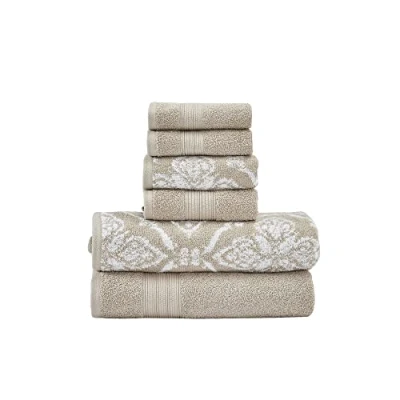 Image of Modern Threads Amaris 6 Piece Reversible Yarn Dyed Jacquard Towel Set Bath Towels, Hand &amp; Washcloths Super Absorbent Quick Dry 100% Combed Cotton, Khaki