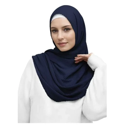 Image of Lina &amp; Lily Premium Cotton Pleated Hijab for Muslim Women, Maxi Head Scarf Shawl Wrap Lightweight (Navy Blue)