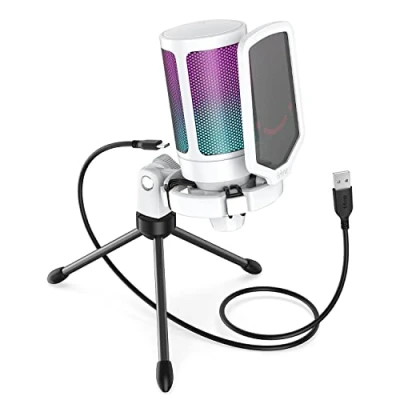 Image of FIFINE USB Microphone for Gaming Streaming, PC Computer Desktop RGB Mic with Condenser Cardioid Capsule, Gain Knob, Shock Mount, Stand Home Use, Online Meeting on Mac OS, Windows A6V White