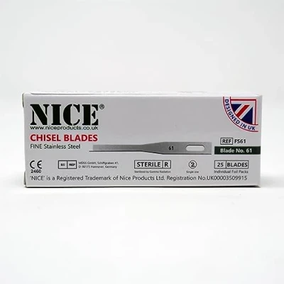 Image of 25 x NICE FINE 61 Sterile Individually Packed Stainless Steel Chisel Blades FS61 for Podiatry and Chiropody