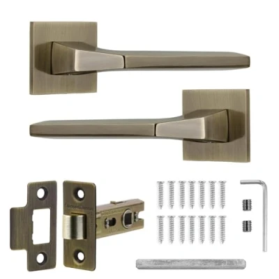 Image of Decoranddecor Antique Brass Door Handles Internal Aluminium Handle Sets for Wooden Interior Doors with Tubular Mortice Latch Penta Range