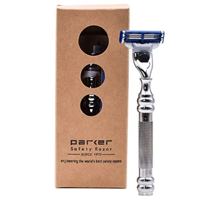 Image of Parker 43M Heavyweight All Metal Triple Blade Razor Shaving with Brass Frame + Deluxe Textured Chrome Handle One Gillette Mach 3 Included