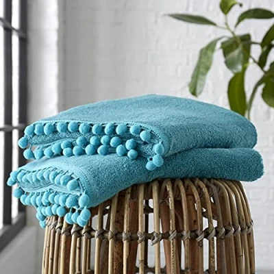 Image of GC GAVENO CAVAILIA Luxury 2PK Pom Pure Cotton 550 GSM Hand Towels OR Ultra Soft Super Absorbent, Egyptian, Teal, Pack of 2 Bath Sheet