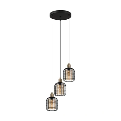 Image of EGLO Pendant Lighting Chisle, 3 Lamp Ceiling Light Fixture in Industrial Style for Dining and Living Rooms, Hanging Made of Black Metal Steamed Amber Glass, E27 Socket