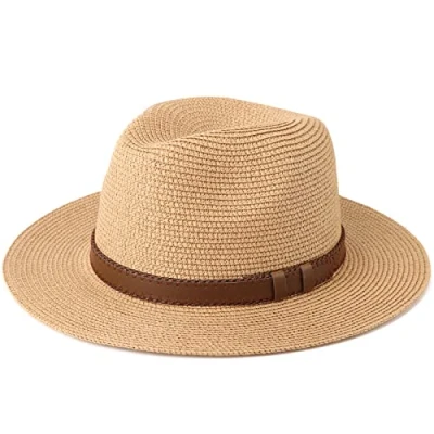 Image of DRESHOW Women Wide Brim Straw Panama Roll up Hat Fedora Beach Sun UPF 50+