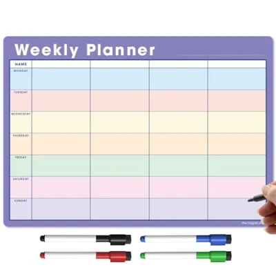 Image of TMS A3 Magnetic Weekly Planner and Organiser Fully Customisable Whiteboard for Family or Business Tasks Meal Planning With 4 Free Dry Wipe Pen (Purple Multi Coloured, A3)