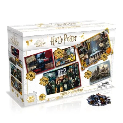 Image of Winning Moves Harry Potter 5 in 1 Gift Box Jigsaw Puzzle Game, featuring Hogwarts Castle, Express, Snape, Slughorn, Hermione, Ron and Draco, for Adults Kids Aged 10 plus