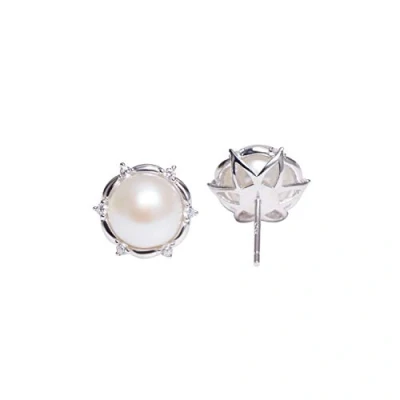 Image of VIKI LYNN Women 925 Sterling Silver Lotus Flower 8 9mm Freshwater Pearl Earrings