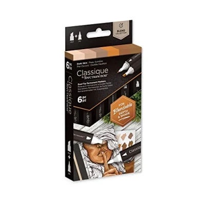 Image of Crafter&#039;s Companion Spectrum Noir Classique Blend Twin Tip Blendable Alcohol Based Marker Set with Japanese Nibs Pack of 6 Perfect for Colouring, Drawing &amp; Illustration (Dark Skin Pack)