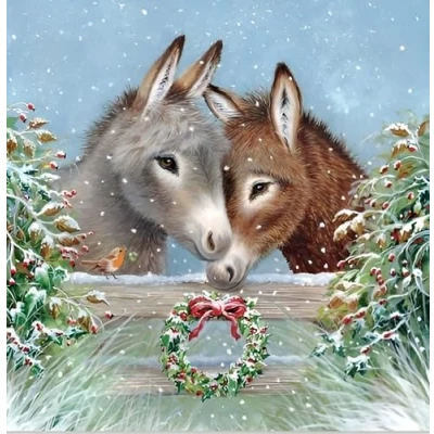 Image of Noel Tatt Charity Christmas Cards Pack of 10 with Artistic Snowy Donkeys and Robin Design Eco Friendly Xmas Multipack Envelopes