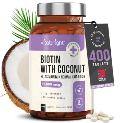 Image of Biotin Hair Growth Vitamins 12000mcg, 400 D Tablets with Coconut, Vegan Skin &amp; Nails for Women and Men High Strength Fast Vitamins, VitaBright Vitamin B7