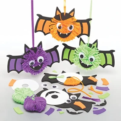Image of Baker Ross Bat Pom Kits Pack of 3, Halloween Craft for Kids, Kids Make Your Own Decorations (FE673)