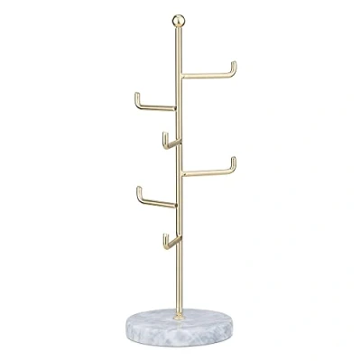 Image of Navaris Metal Jewellery Tree Stand 6 Tier Organiser with Marble Base Hanger Display Holder to Store Necklaces Bracelets Rings Accessories Gold