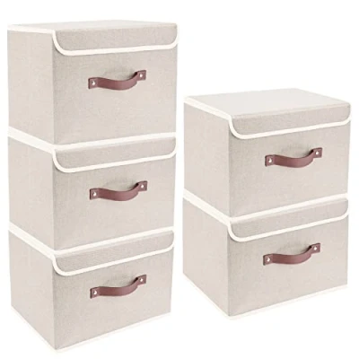 Image of TYEERS Collapsible Storage Box with Lid, Fabric for Clothes, Wardrobe Storage, 38x25x25 cm, Set of 5, Beige