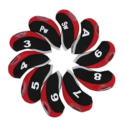 Image of Golf Iron Head Covers, 10pcs Waterproof Club Putter Covers Set Protector for Callaway, Ping, Taylormade, Cobra (Black&amp;Red)