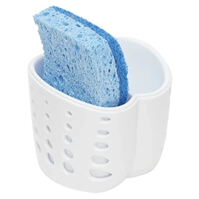 Image of Home Basics Double Sponge Holder Kitchen Sink Caddy, Saddle Faucet Soap Organizer With Drain Hole, White