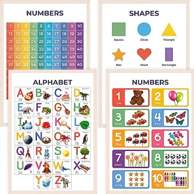 Image of Wonder Tots Alphabet Poster, Numbers 1 100, Shapes, Counting 10 Educational Posters for Toddlers, Preschool Wall Charts, Kids Learning (4 Pack, A3 Laminated)