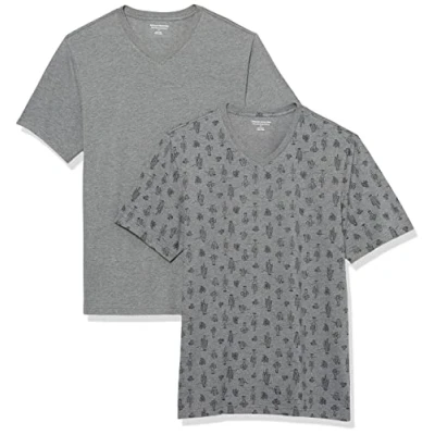 Image of Amazon Essentials Men&#039;s T Shirt Slim Fit Short Sleeved V Neck, Pack of 2, Grey Heather Cactus Print, M