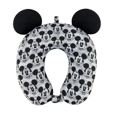 Image of FUL Disney Mickey Mouse Neck Pillow, Travel Accessories with 3D Ears for Airplane, Car, and Office, Comfortable Breathable, Black/Grey