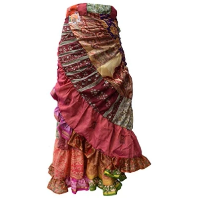Image of Little Kathmandu Women Asymmetrical Patchwork Wrap Around Long Skirt Silk