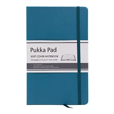Image of Pukka Pad, Soft Cover Notebook 192 Pages of 80GSM Acid Free Quality Lined Paper Vegan Leather with Inner Pocket for Loose Pages, Ribbon Bookmark, and Elasticated Closure 130 x 210mm, Teal