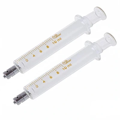 Image of 2 Pack Glass Syringes with Caps, 10ml Luer Lock Reusable Syringe, Metal Caliber Injector Laboratory Sampler for
