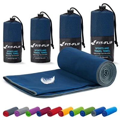 Image of Fit Flip Camping towel ultra lightweight &amp; compact microfibre quick dry sports for gym the perfect beach, travel swim (40x80cm deep blue grey edge)