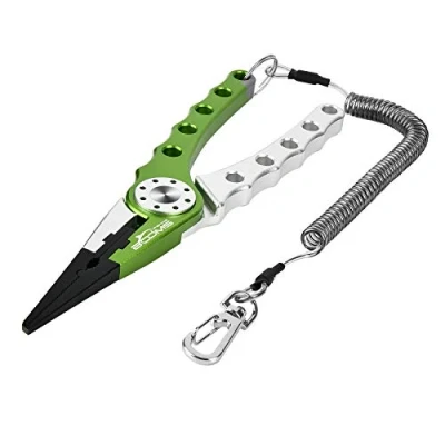 Image of Booms Fishing X01 Aluminum Pliers Saltwater, Surf Tackle Kit, Multitool Hook Remover, Braided Line Cutter, Split Ring Pliers, with Coiled Lanyard and Sheath, Green