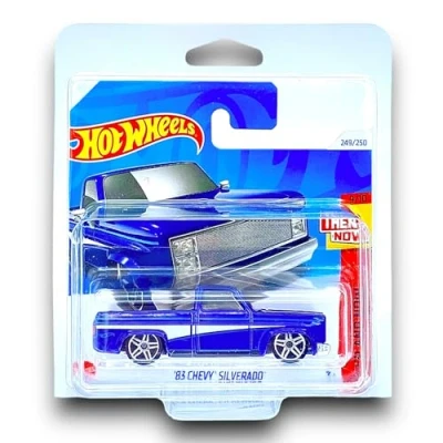 Image of Hot Wheels &#039;83 Chevy Silverado (Blue &amp; White) 9/10 Then and Now 2024 249/250 (Short Card) includes a KLAS Car Keeper Protector Case HTC73
