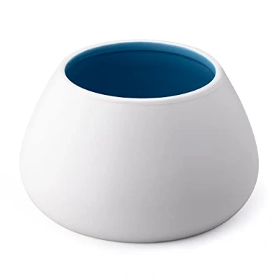 Image of Navaris Ceramic Dog Bowl Water &amp; Food for Dogs with Long Ears Spaniel Beagle Bassett Hound No Spill Pet White Outside Blue Inside