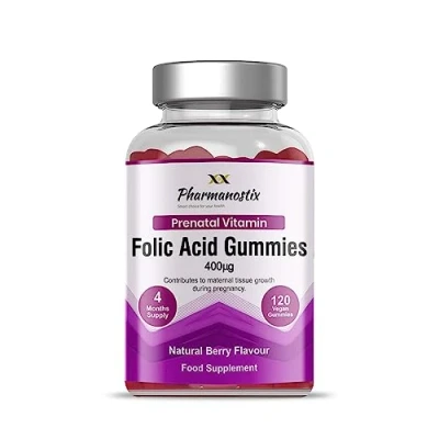Image of Pharmanostix Folic Acid 400μg Pregnancy Gummy Vitamin B9 Prenatal Conception 120 Natural Berry Flavour Vegan Gummies to Support Health &amp; Foetus Development GMO Allergens Free