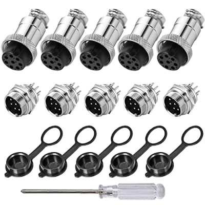Image of Aiqeer 5 Pcs 8 Pin GX16 Aviation Connector, 16 mm Thread Panel Metal Cable 5A Male Female Connector Plug Socket Kit, with Rubber Cap and Phillips Screwdriver