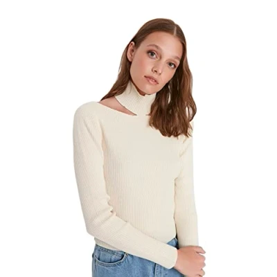 Image of Trendyol Women Slim Basic Choker high Neck Knitwear Sweater Ecru