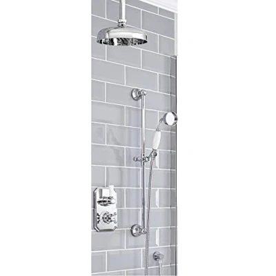 Image of Milano Elizabeth Traditional Twin Diverter Thermostatic Mixer Shower Valve with Riser Rail Slide Bar Kit and 205mm Round Rainfall Head Chrome White