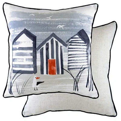 Image of Evans Lichfield Nautical Beach Huts Polyester Filled Cushion, Multi, 43 x 43cm