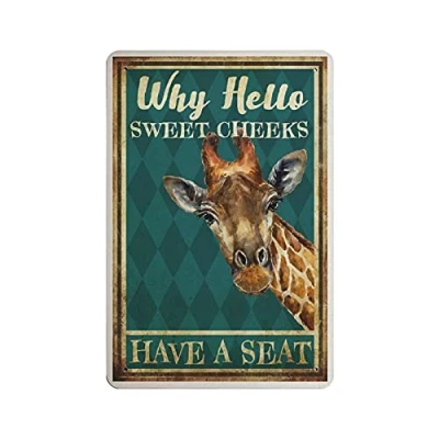 Image of Dreacoss Why Hello Sweet Cheeks Have A Seat, Funny Giraffe Tin Signs, Animal Retro Metal Sign Vintage Poster Wall Art for Kitchen Garden Bathroom Farm Home Decor Sign, 8x12 inches