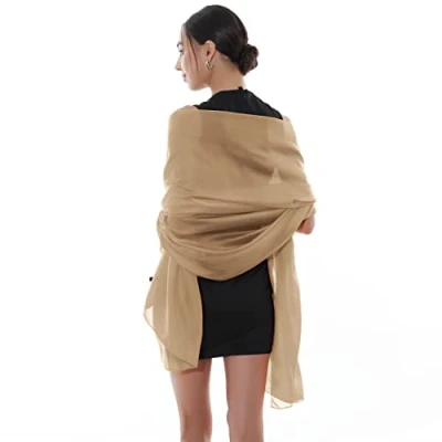 Image of RIIQIICHY Scarf for Women Silk Feeling Lightweight Chiffon Pashmina Hair Wrap Wedding Shawl Evening Dresses Camel