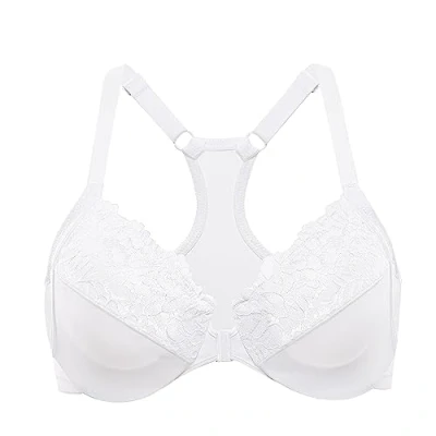 Image of Delimira Women&#039;s Racerback Front Fastening Bras Plus Size Full Coverage Lace Underwire Unlined Support White 40F