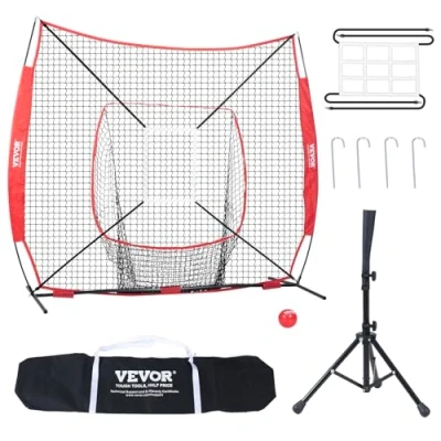 Image of VEVOR 7x7 ft Baseball Softball Practice Net, Portable Training Net for Hitting Batting Catching Pitching, Backstop Equipment with Bow Frame, Carry Bag, Strike Zone, Ball, Tee