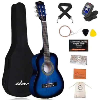Image of ADM 1/4 Kids Classical Guitar Kit, Junior Set for Beginnner with Gig Bag, Clip on Tuner, Strap, Picks, Extra Strings, Storage Bag and Cleaning Cloth (Blue, 30&quot;)