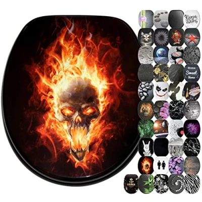 Image of Sanilo Soft Close Toilet Seat, Wide Choice of Black Seats, Stable Hinges, Easy to Mount (Skull in Flames)