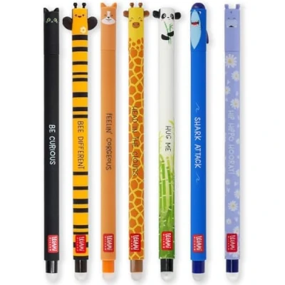 Image of LEGAMI Set of 7 Erasable Gel Pens with Thermosensitive Erase Ink, Range ink colours &amp; barrel designs, 0.7mm Tip, Cat, Bee, Corgi, Giraffe, Panda, Shark, Hippo Designs