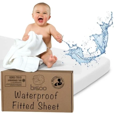 Image of Bisoo Waterproof Cot Bed Sheets 140 x 70 Fitted / 28x55 in 2in1 Sheet Mattress Protector Made of 100% Jersey Oeko Tex + PU for Toddler Cots Beds &amp; Cribs Soft Silent White