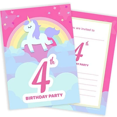 Image of Olivia Samuel 20 x 4th Birthday Party Invitations from Unicorn &amp; Rainbow Pink Invites Ready to Write with Envelopes
