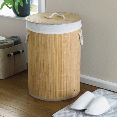 Image of Round Natural Bamboo Laundry Basket Eco Friendly Hamper 50cm